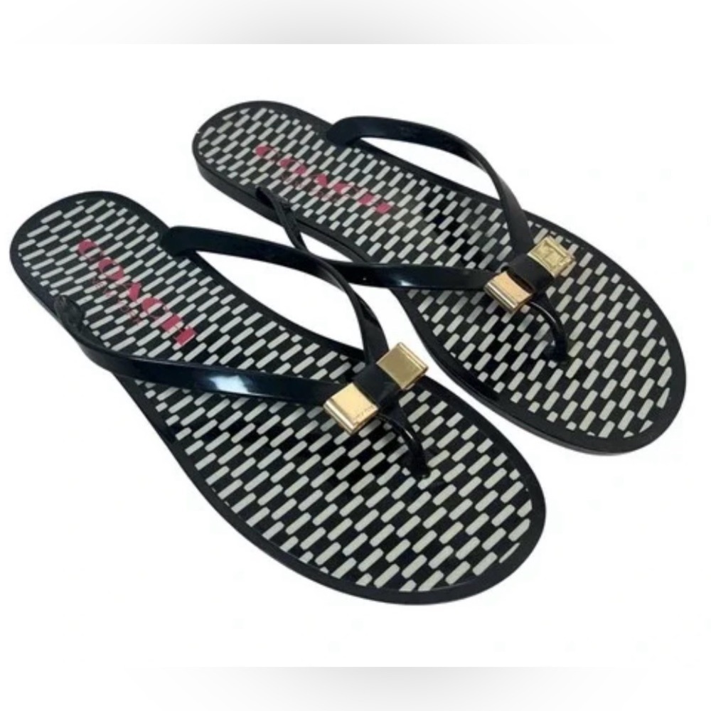 Coach Landon Black Flip Flops Thong Sandals with Gold Detail Size 7B NWOT